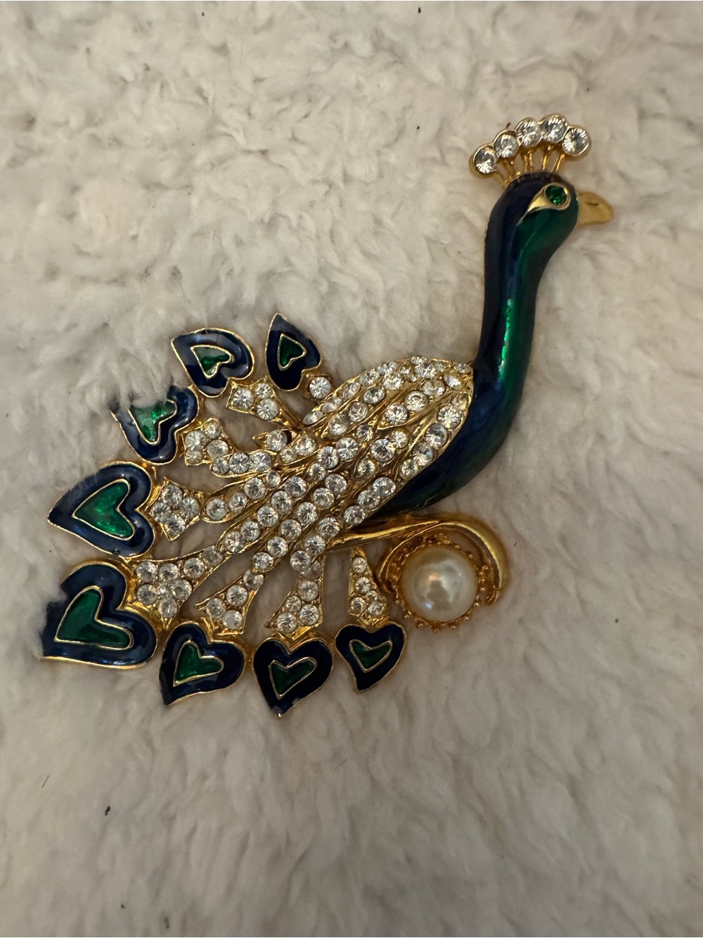 Gold-Tone Peacock Brooch with Green and Blue Enamel and Crystal Accents
